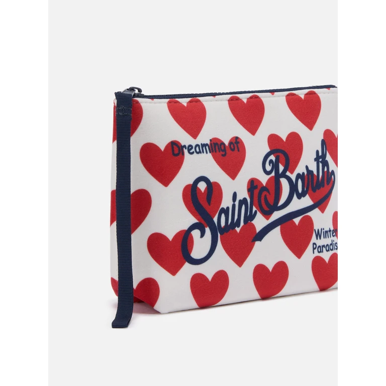 Mc2 Saint Barth Aline Pouch Wool-Effect Fabric With Hearts Print White Pochette - Unisex