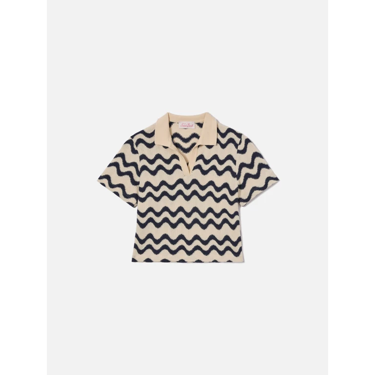 Mc2 Saint Barth Lala Jr Polo Cotton Blend Knit With Blue And Ivory Wave Pattern Shirt