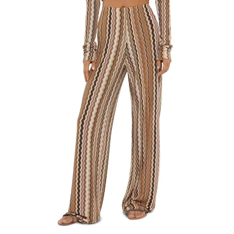 Mc2 Saint Barth Amalia Wide-Leg Trousers Raschel Knit Brown Pant - Women