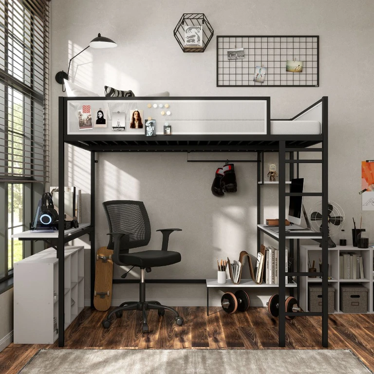 Jackson Black Metal Twin Loft Bed with Dual Desks