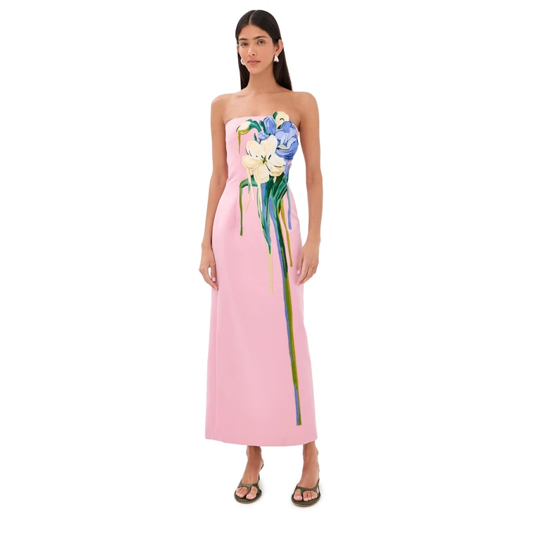 Leo Lin Rayna Embroidered Bustier Maxi Dress Bouquet Print in Pastel Pink 6