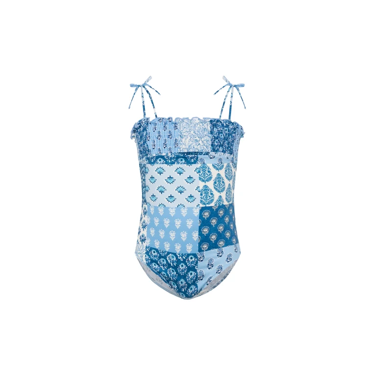Mc2 Saint Barth Amina One-Piece Swimsuit With Floral Patch And Smocked Bodice Sky One Piece