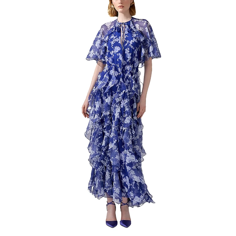 Carolina Herrera Silk Short Sleeve Tie Cape Ruffle Dress