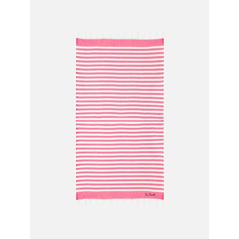 Mc2 Saint Barth Cotton Beach Towel Fouta With Fuchsia Striped Print Pink - Unisex
