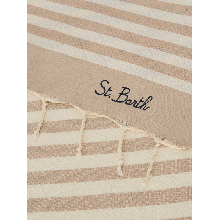 Mc2 Saint Barth Foutas Beach Towel With Beige And White Stripes - Unisex