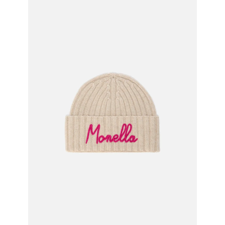 Mc2 Saint Barth Wengen Beanie Cashmere Blend Beige With Monella Embroidery Brown Hat - Unisex