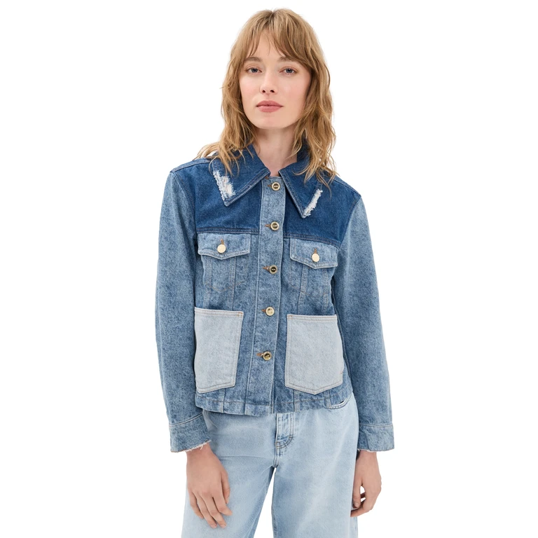 GANNI Patchwork Denim Short Jacket Mid Blue Vintage 42