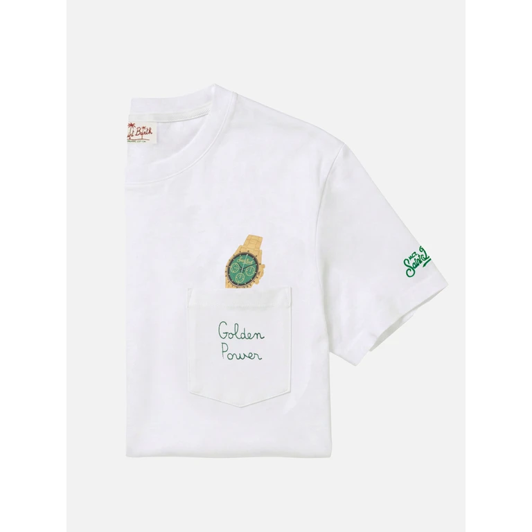 Mc2 Saint Barth White Austin T-Shirt With Watch And Golden Power Embroidery - Men