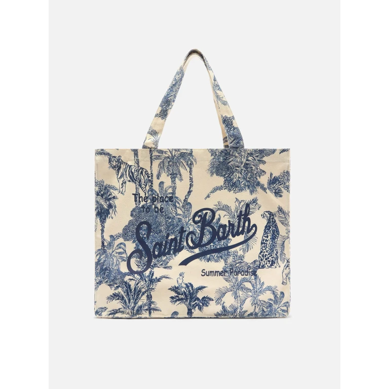 Mc2 Saint Barth Essential Canvas Tote Bag With Blue Toile De Jouy Print White - Unisex
