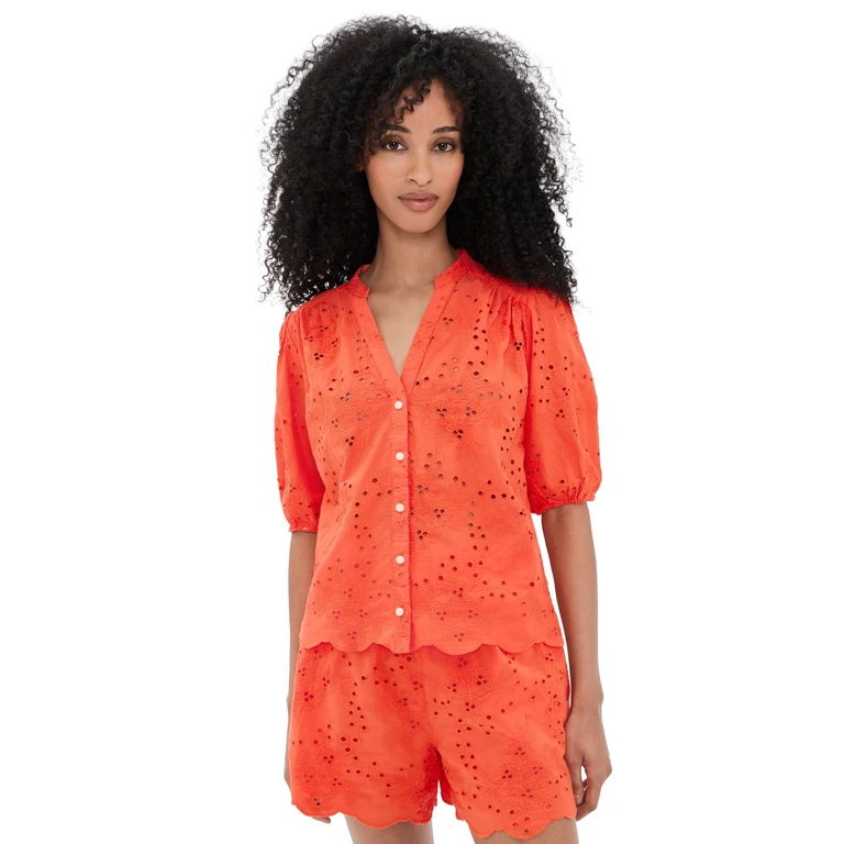 Birds of Paradis Loren Vermillion Eyelet Blouse Vermillion M