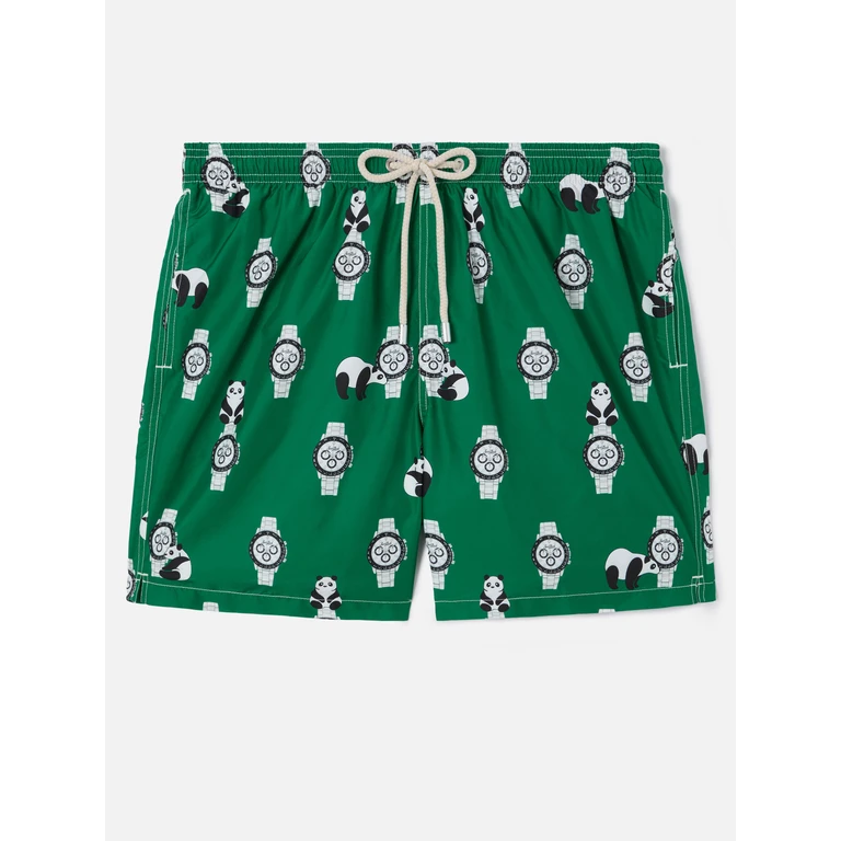 Mc2 Saint Barth Green Lighting Swim Shorts With All-Over Panda And Watches Print Swimshort - Men