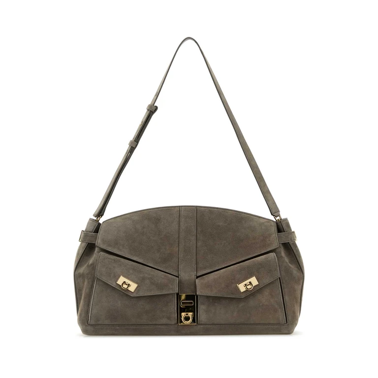 Ferragamo Grey Suede Shoulder Bag