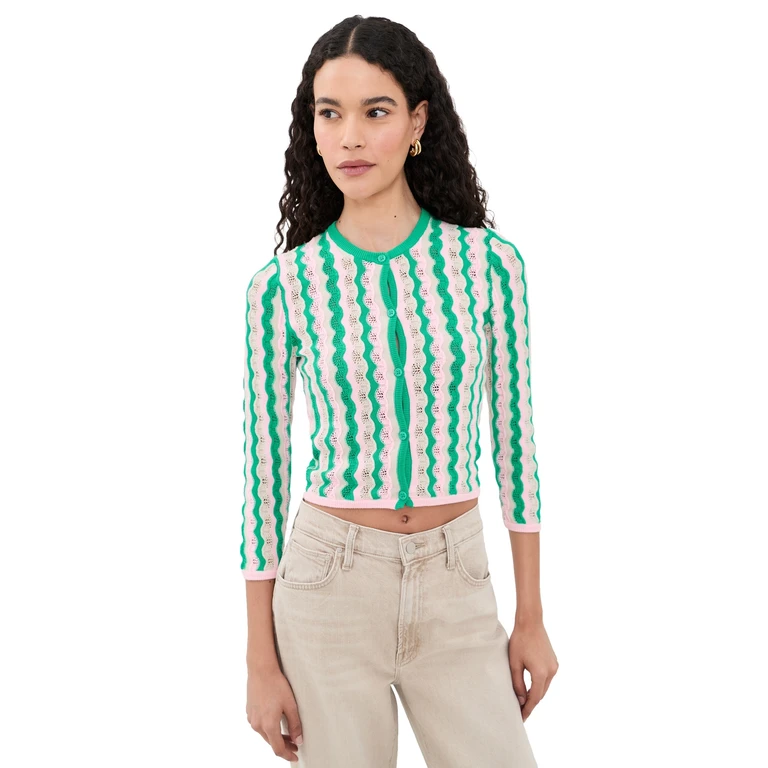 MOTHER The Crew Neck Cardigan Poi Green Pink Combo L
