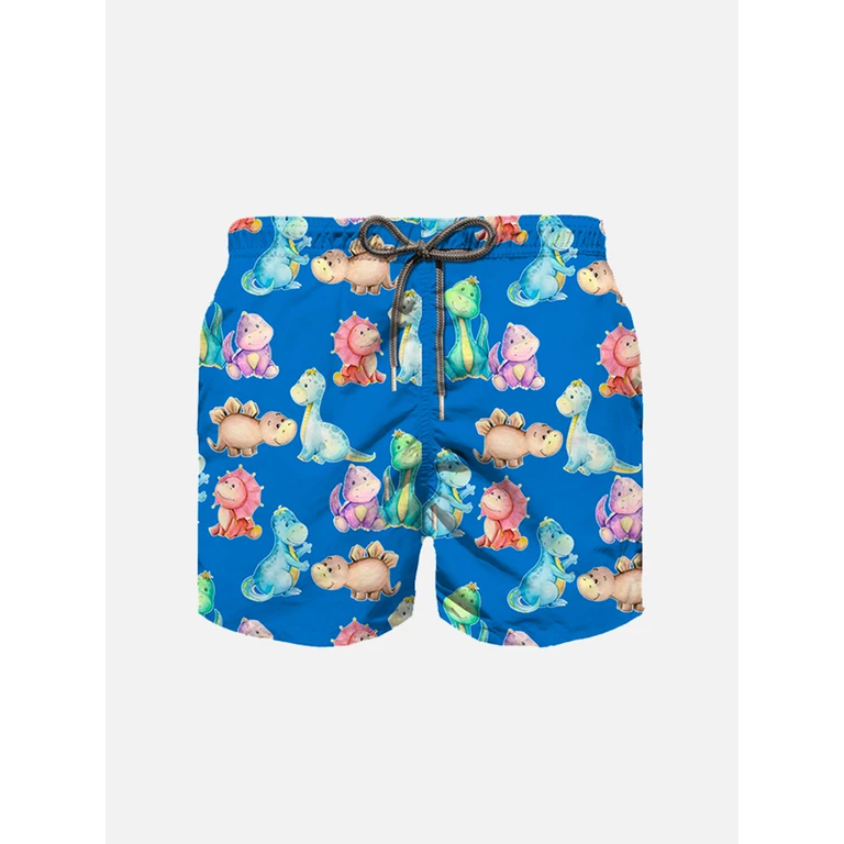 Mc2 Saint Barth Boy Cotton Swim Shorts With Dinosaurs Print Swimshort
