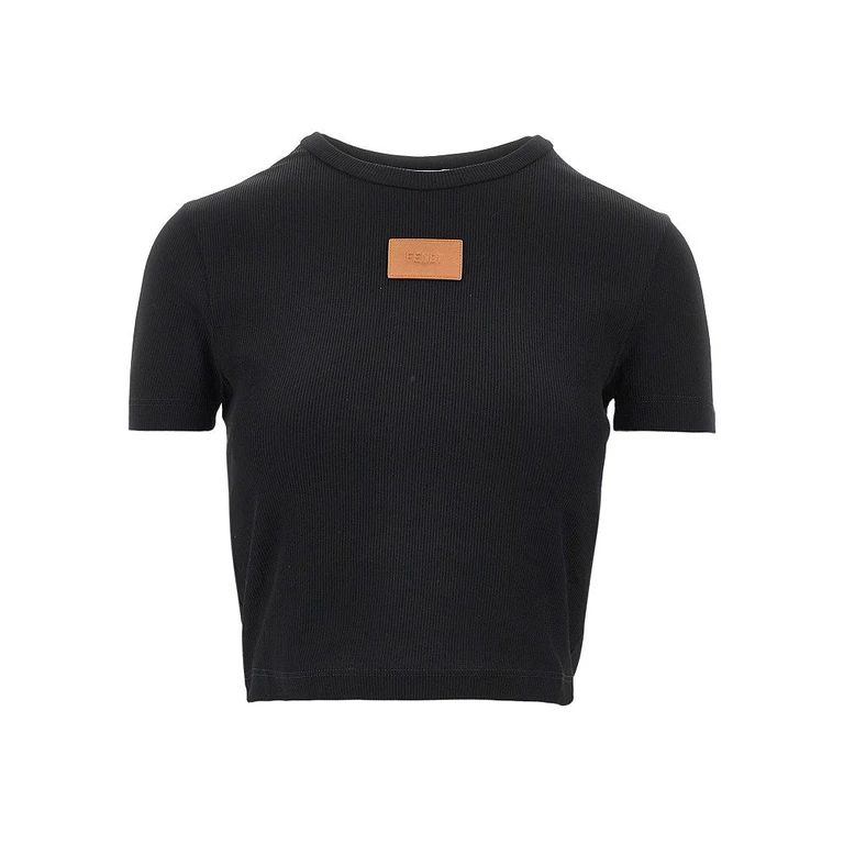 FENDI Cropped T-shirt with leather logo patch Woman S