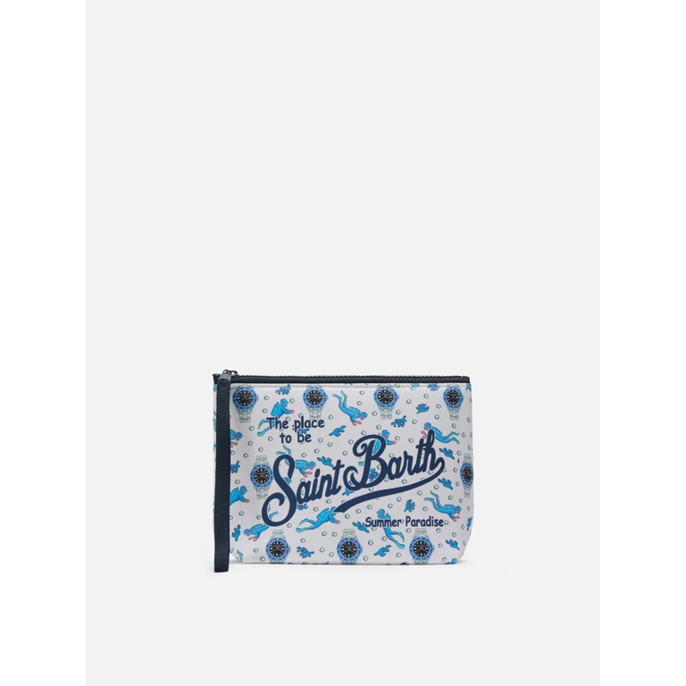 Mc2 Saint Barth Aline Scuba Pouch With Diver And Watch Print White Pochette - Unisex