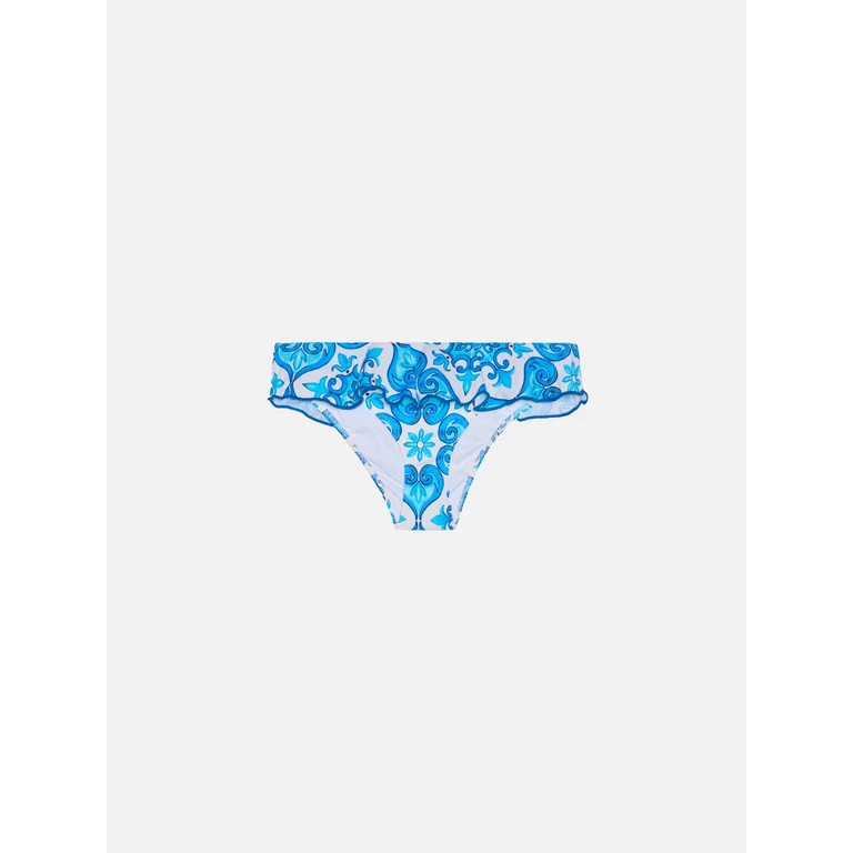 Mc2 Saint Barth Girl Ruffled Swim Briefs With Majolica Print White Bottom