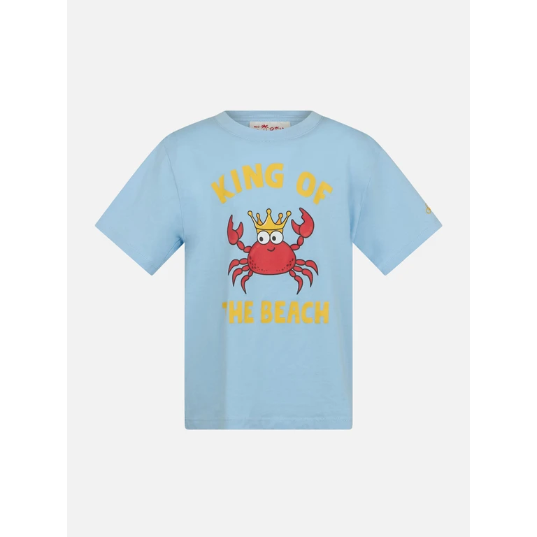 Mc2 Saint Barth Boy Cotton T-Shirt With King Of The Beach Crab Print Sky