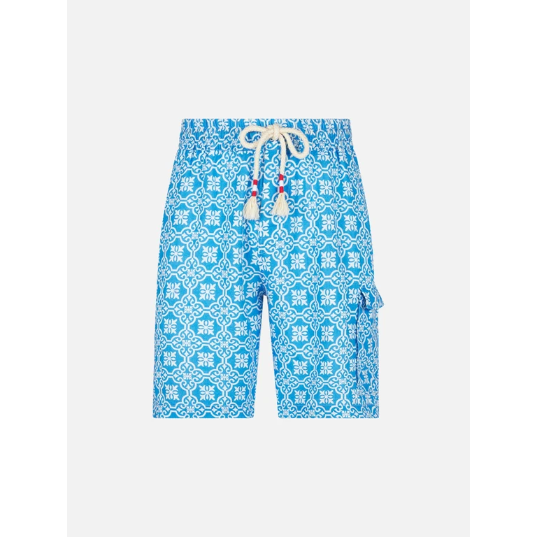 MC2 Saint Barth Man Linen Bermuda Shorts With White And Light Blue Majolica Print