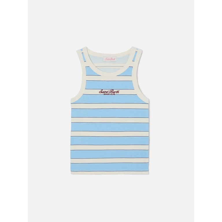 Mc2 Saint Barth Light Blue Striped Ada Tank Top With Beach Club Embroidery Top_apparel - Women