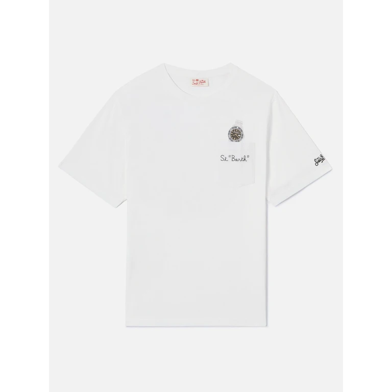 Mc2 Saint Barth White Austin T-Shirt With Watch And St. Bart Embroidery - Men