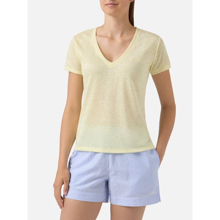 Mc2 Saint Barth Yellow Linen Eloise T-Shirt With Embroidered Logo - Women