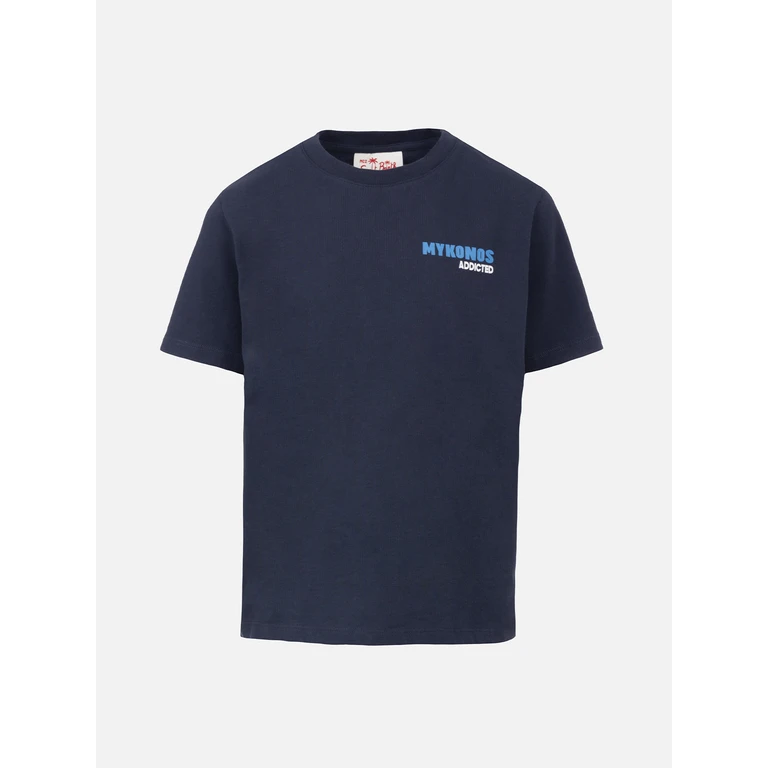 Mc2 Saint Barth Boy Cotton T-Shirt With Mykonos Addicted Postcard Print Blue