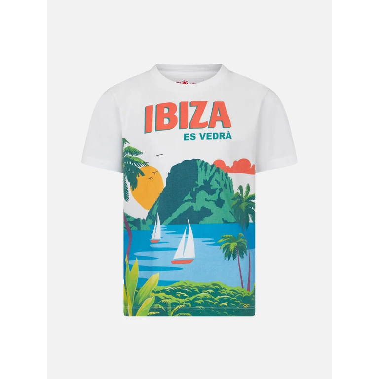 Mc2 Saint Barth Boy Cotton T-Shirt With Ibiza Postcard Print White