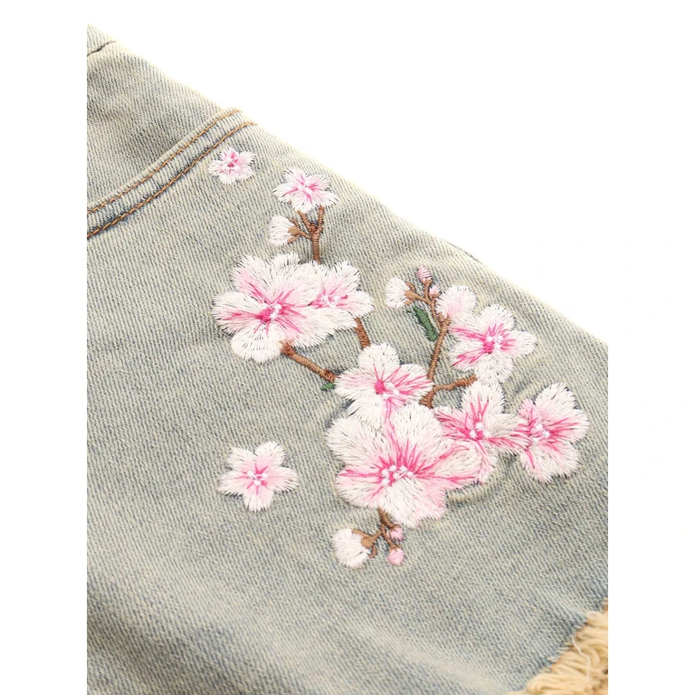 Monnalisa Peach Blossom Printed Denim Shorts