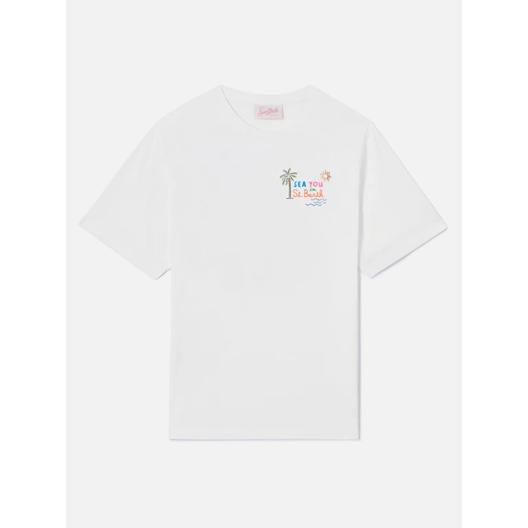 Mc2 Saint Barth White Emilie T-Shirt With Sea You St. Barth Embroidery And Rhinestones - Women