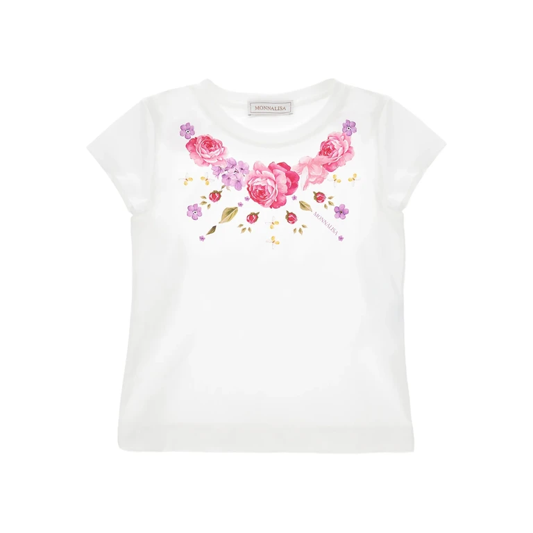 Monnalisa Kids Tee Flowers Jersey White Cotton T-shirt