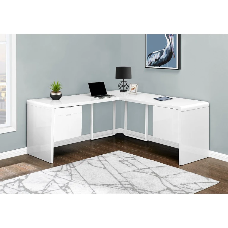 Modern 72 Inch Glossy White Computer L-Desk