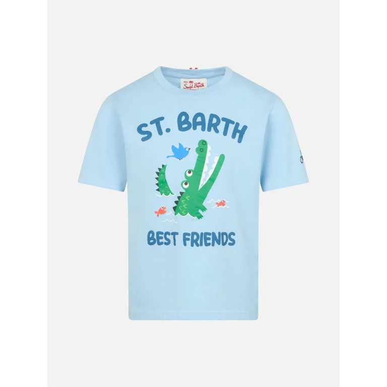 Mc2 Saint Barth Boy Cotton T-Shirt With St. Barth Best Friends Croco Print Sky