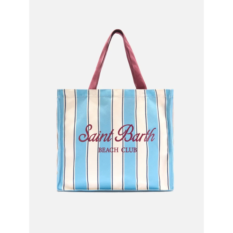 Mc2 Saint Barth Essential Canvas Tote Bag With Light Blue And White Stripes Contrasting Logo - Unisex