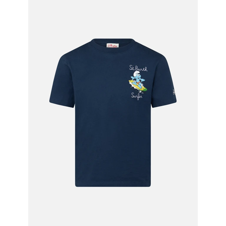 Mc2 Saint Barth Boy Cotton T-Shirt With Smurf Print And St. Barth Surfer Embroidery The Special Edition Blue