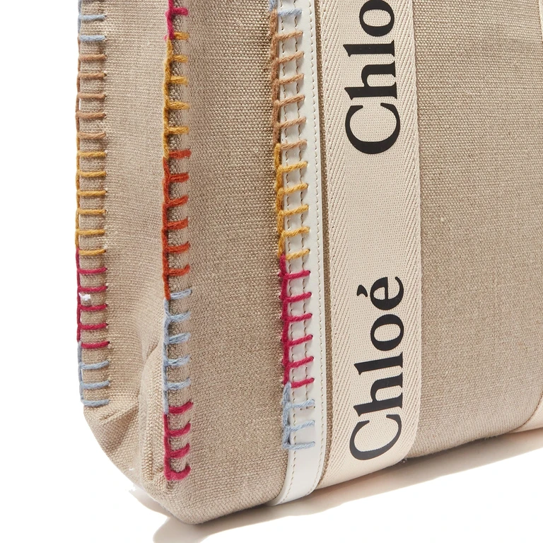 Chloé Woody Medium Tote Bag Beige Linen - Women