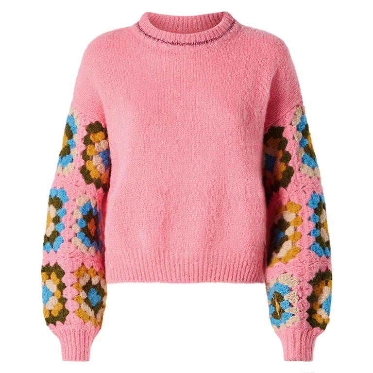 MC2 Saint Barth Woman Ultra Soft Crewneck Sweater With Handmade Crochet Sleeves