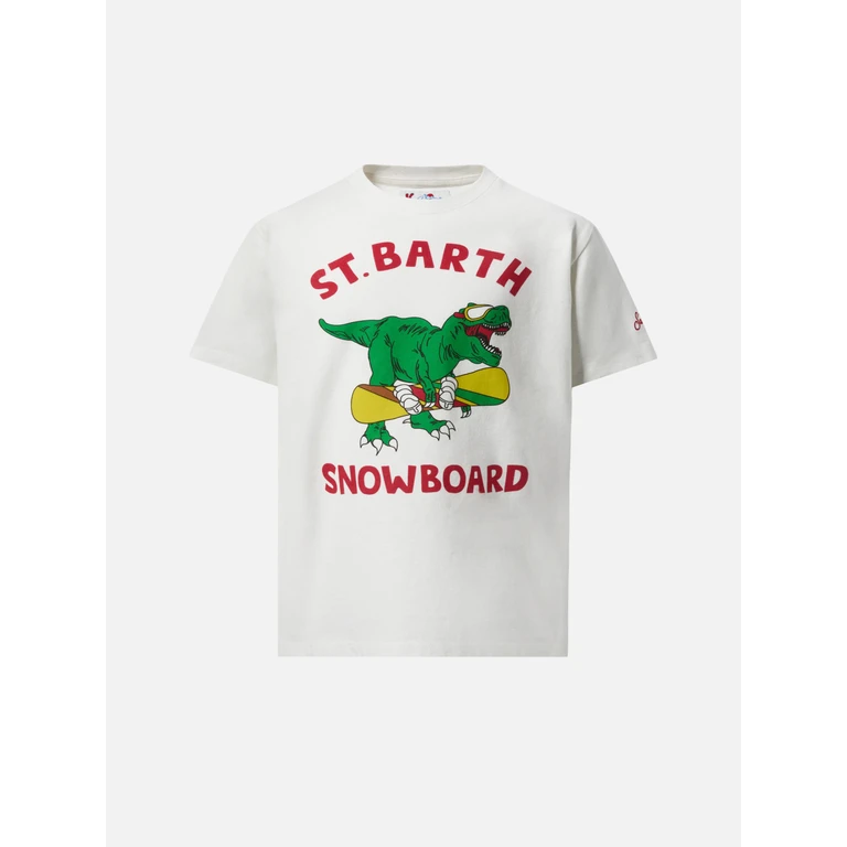 Mc2 Saint Barth Heavy Cotton T-Shirt Cameron With Skater Dinosaur Print White