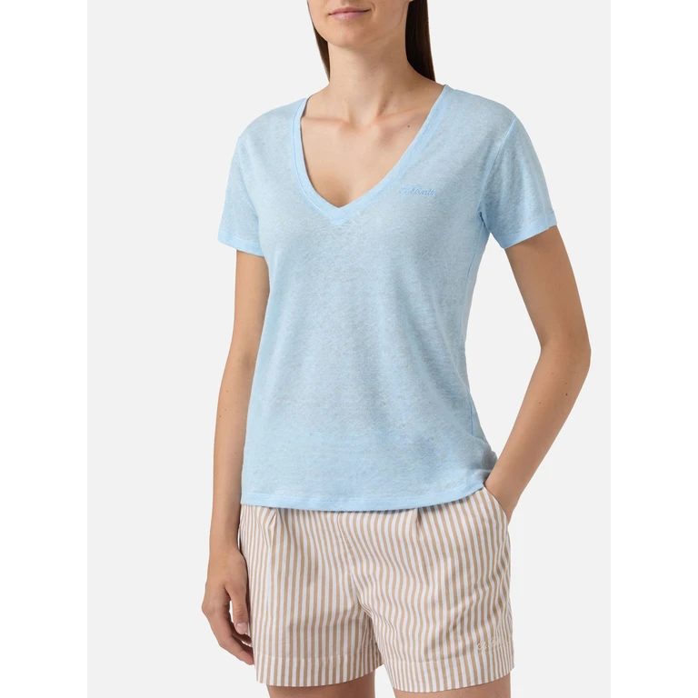 Mc2 Saint Barth Light Blue Linen Eloise T-Shirt With Embroidered Logo - Women