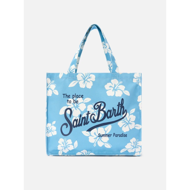 Mc2 Saint Barth Essential Canvas Tote Bag With Light Blue Hibiscus Print And Contrasting Logo - Unisex