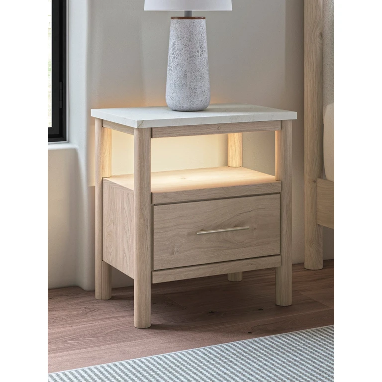 Cadmori Faux Marble and Natural 1-Drawer Charging Nightstand