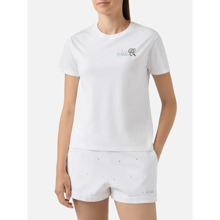Mc2 Saint Barth White Emilie T-Shirt With I Love Tennis Embroidery And Rhinestones - Women