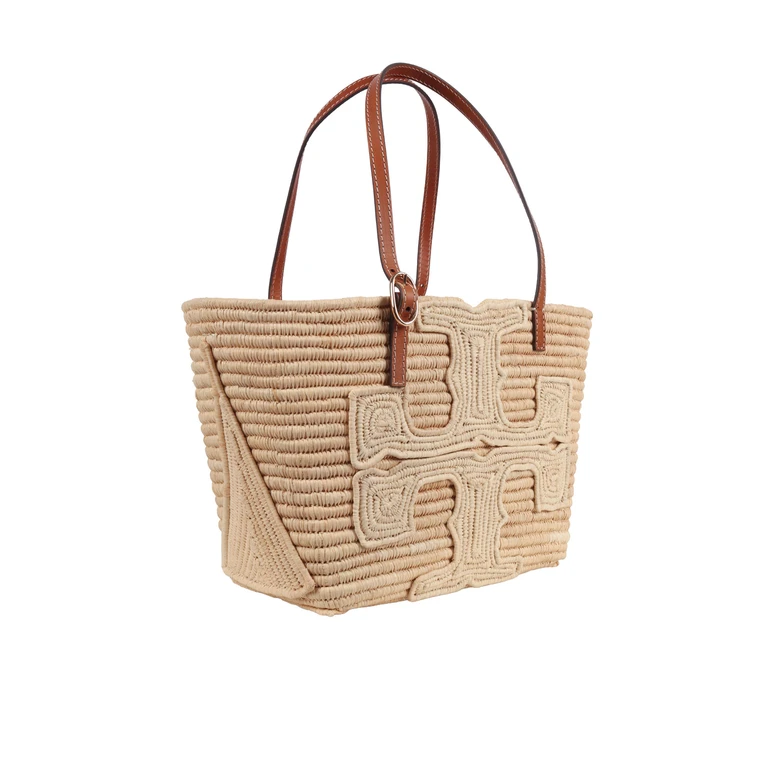 Tory Burch Ella Structured Straw Small Tote Beige Bag - Women