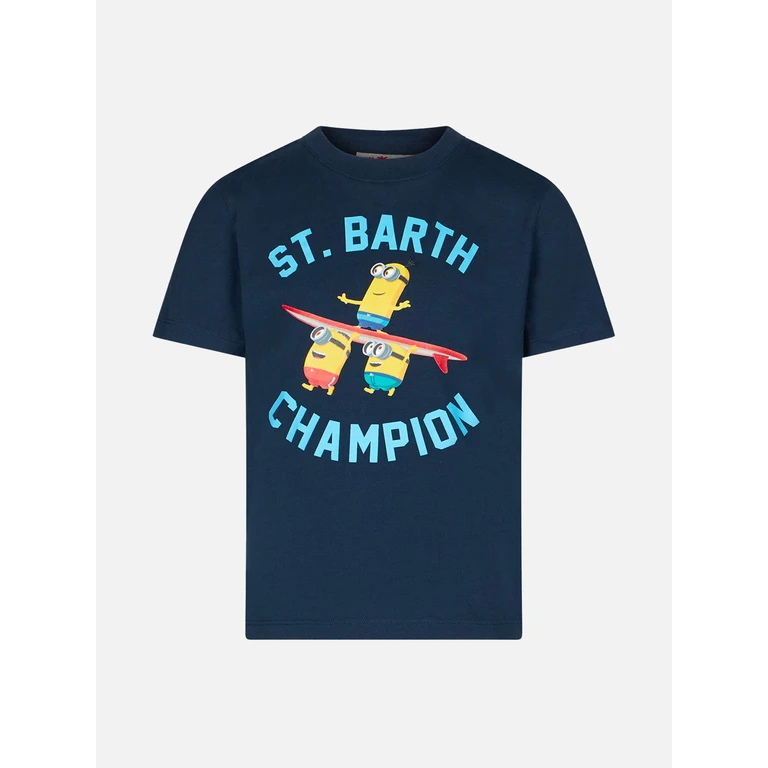 Mc2 Saint Barth Boy Cotton T-Shirt With St. Barth Champion Minions Print Special Edition Blue