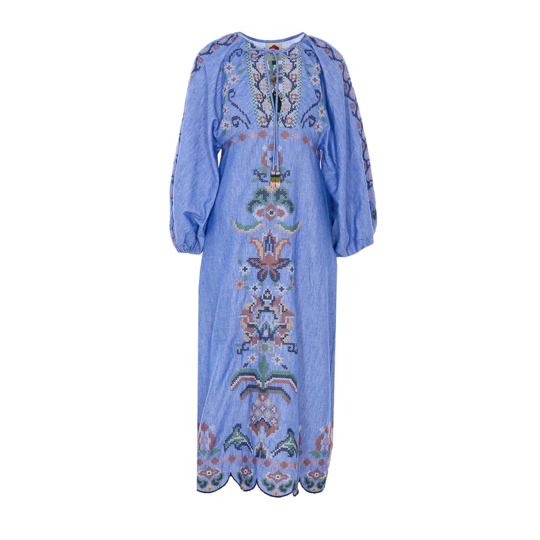 Farm Rio Light Blue Crew Neck Dress With Knot Closure And All-over Embroidery In Fabric Woman