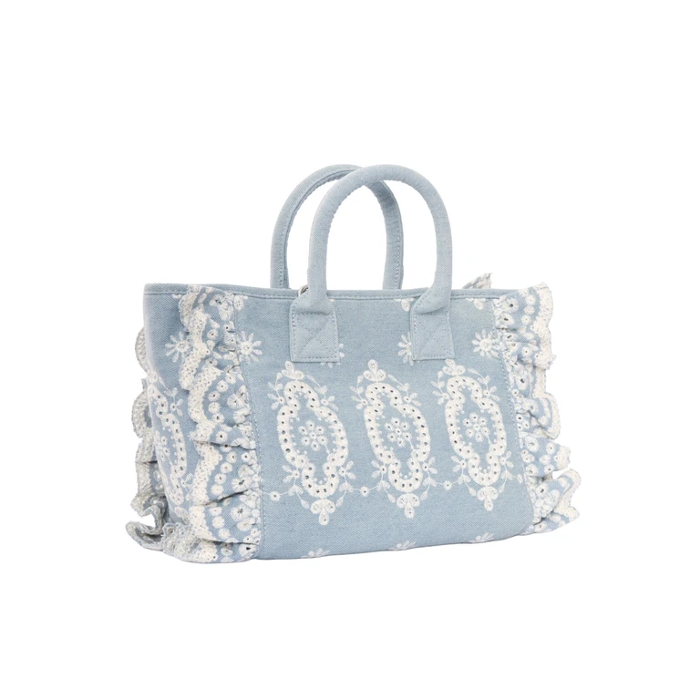 Mc2 Saint Barth Colette Volant N-Sangallo Flowers Denim Emb Light Blue Cotton Handbag