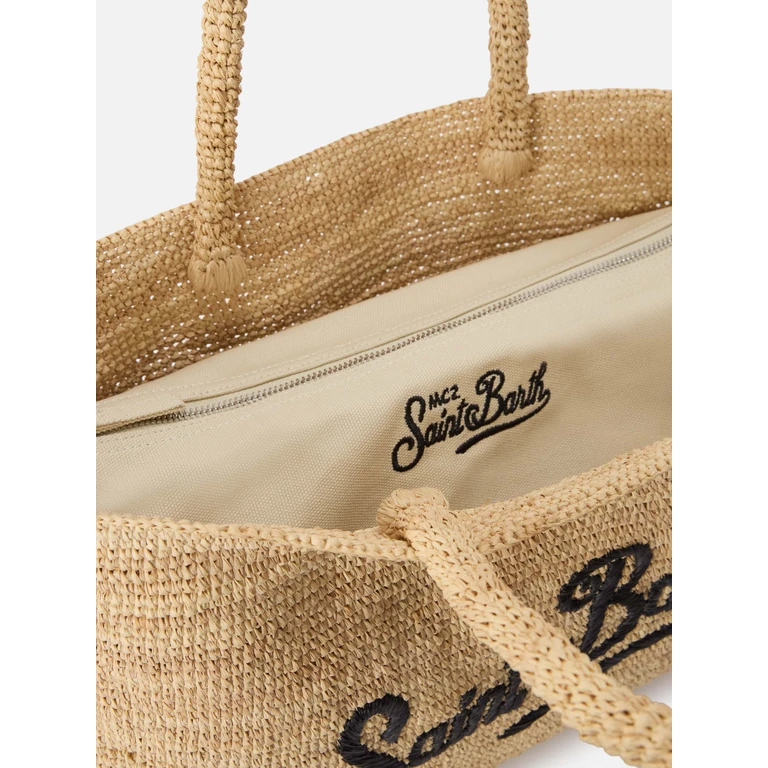 Mc2 Saint Barth Beach Raffia Bag With Black Contrasting Embroidered Logo Brown - Unisex