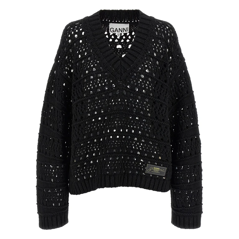 Ganni black Crochet V-neck Sweater