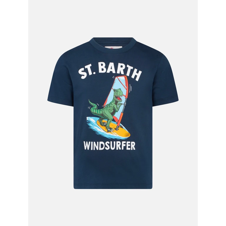 Mc2 Saint Barth Boy Cotton T-Shirt With Dinosaur Print Blue