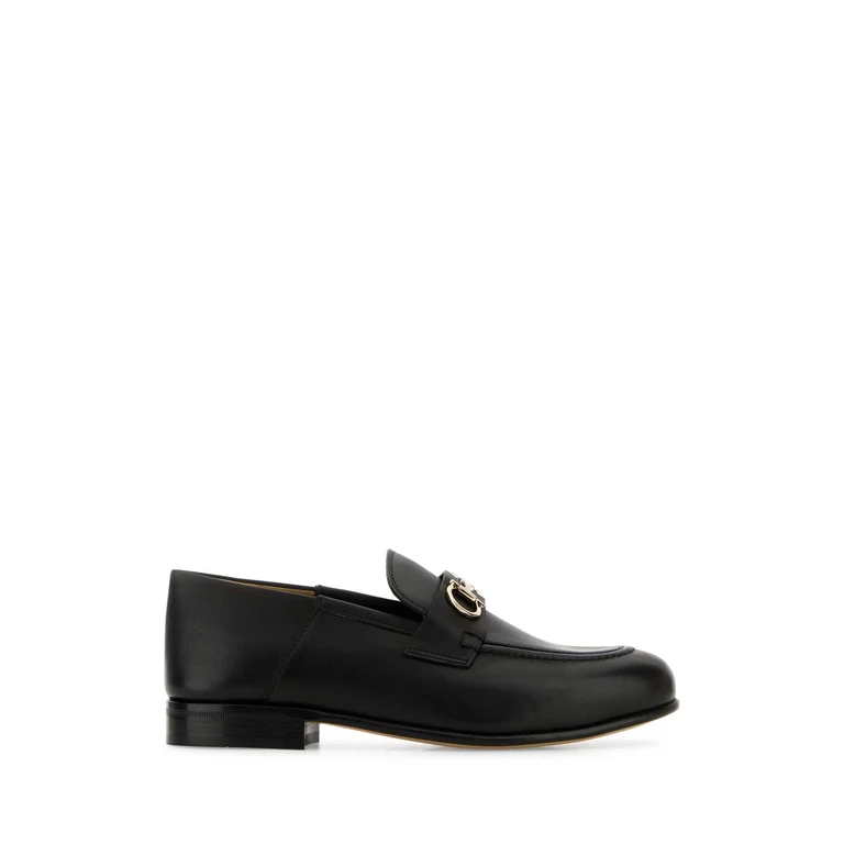 Ferragamo Black Leather Ottone Loafers